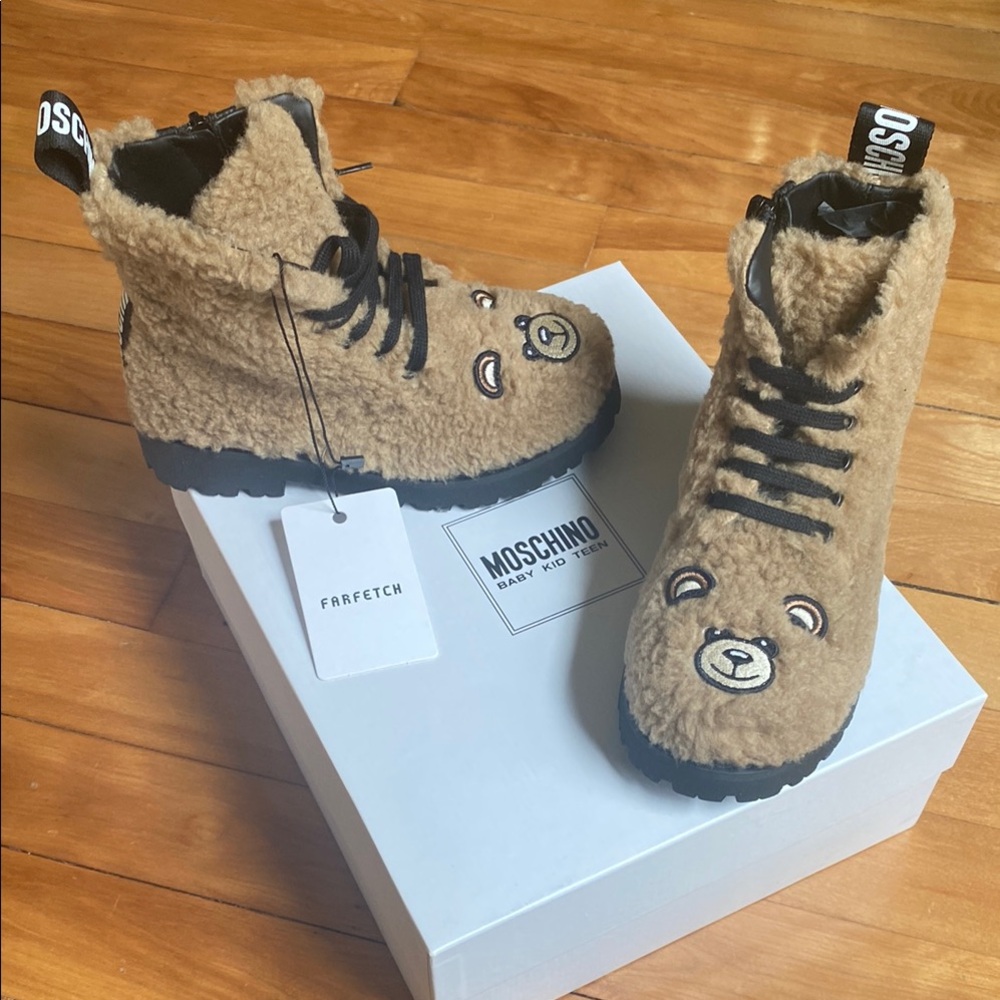 Moschino Fuzzy Tan Kids Boots with Bear Design
